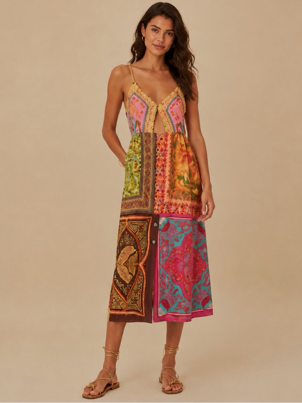 FARM Rio Mixed Scarves Patchwork Midi Dress
Women’s Size Small Cutout V Neck